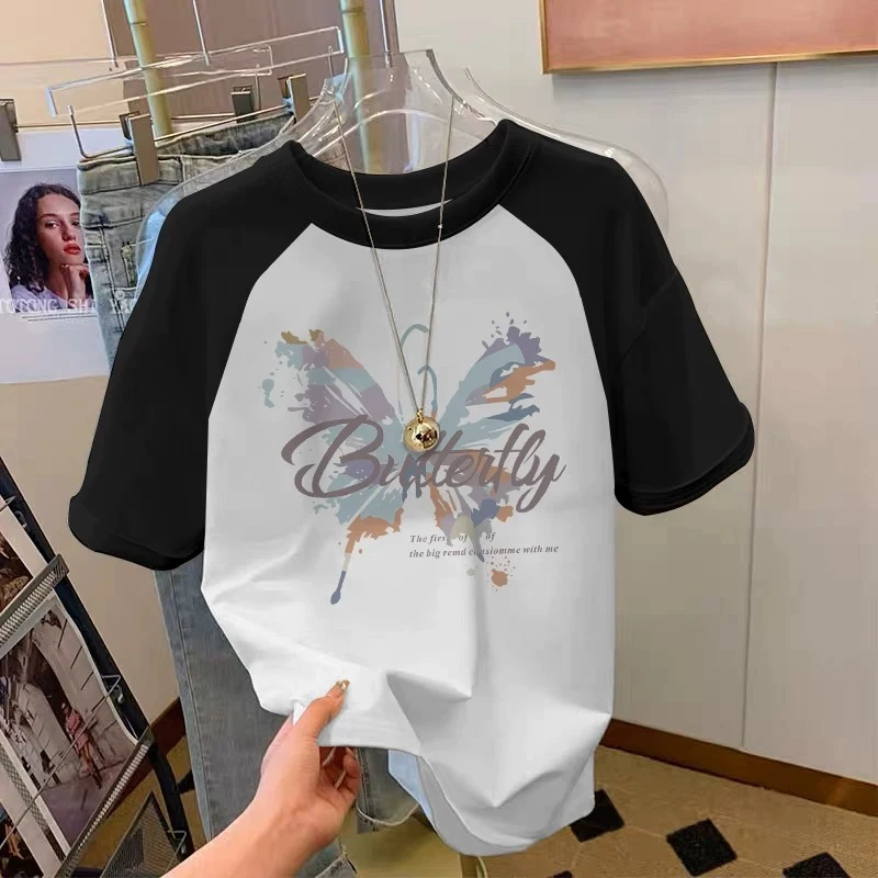 纯棉黑白撞色蝴蝶印花短袖T恤女2025夏季新款欧货宽松上衣打底衫M