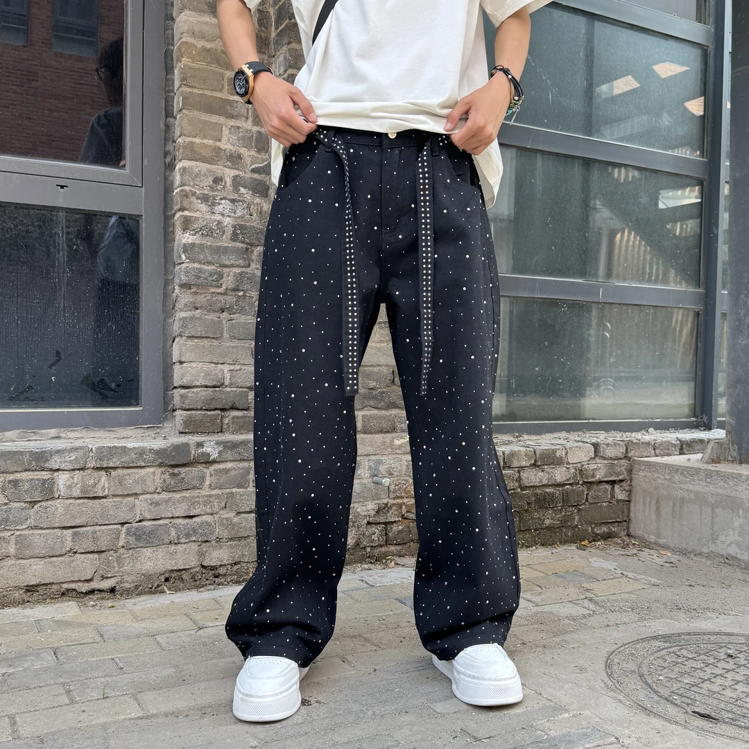 2025男士百搭直筒裤流行舒适哈伦裤秋季纯色痞帅牛仔裤阔腿长裤子