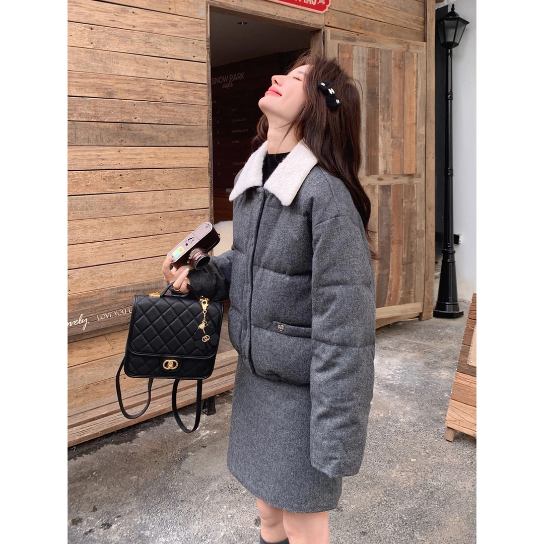 小香风穿搭两整套女冬季2025新款灰色时尚复古半身裙套装