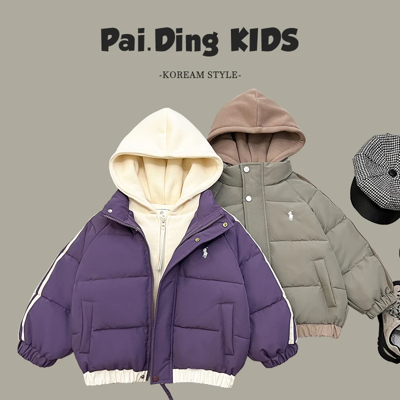 【小首尔】现货-qc4冬儿童撞色宽松假两件连帽保暖棉服HCXZ3741