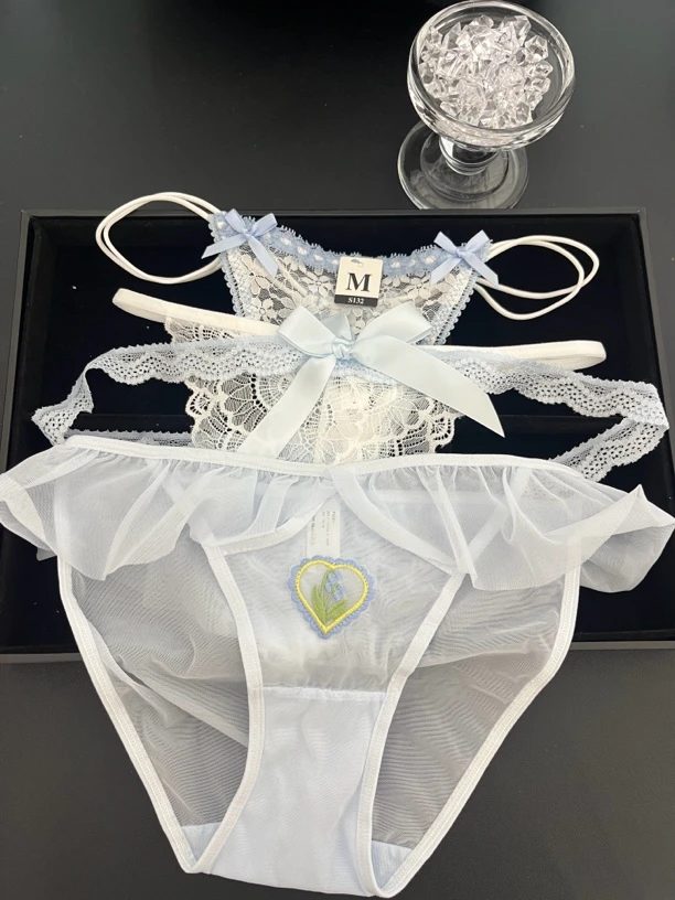 HANYANG ɞ 海盐奶盖*蓝色风系蕾丝纯欲性感棉质底裆内裤