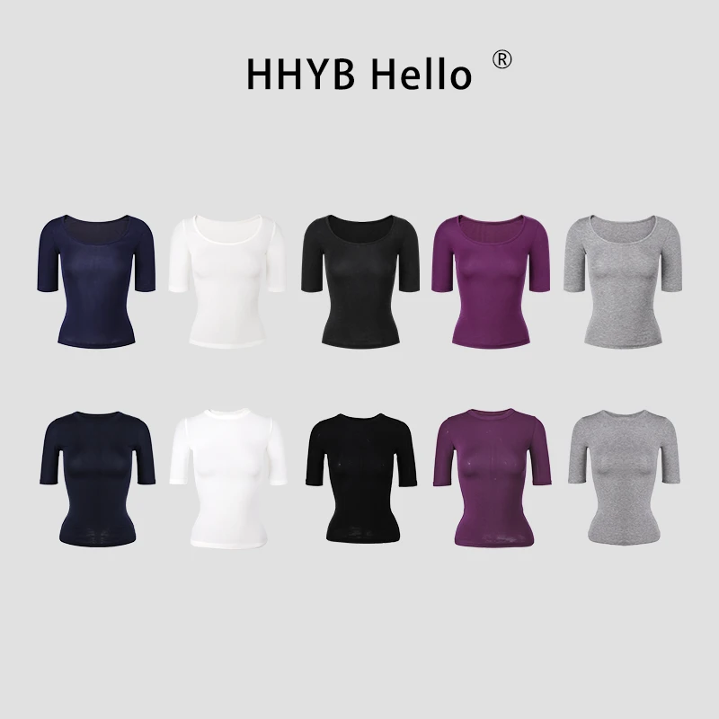 HHYB Hello大U领中袖T恤女2025薄款修身显瘦上衣250455+250456