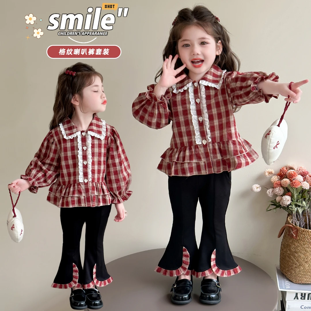 女童格子套装2025新款儿童春秋装潮款洋气女宝宝秋季喇叭裤两件套
