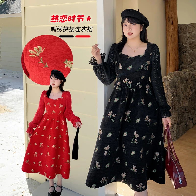 大码女装新中式新年氛围红色连衣裙