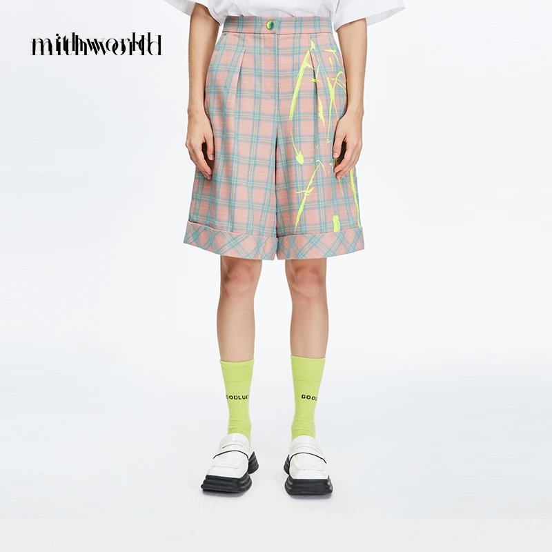 mithworld/沵媞【商场同款】格纹泼墨印花高腰直筒短裤W1DSN4224KPA