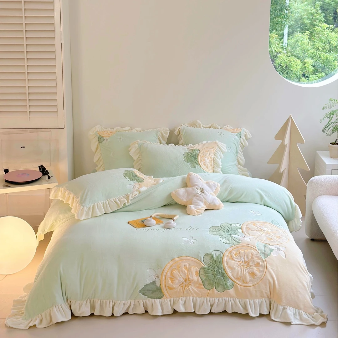 美如梦丨香水柠檬 高克重牛奶绒轻奢刺绣四件套加厚床上用品