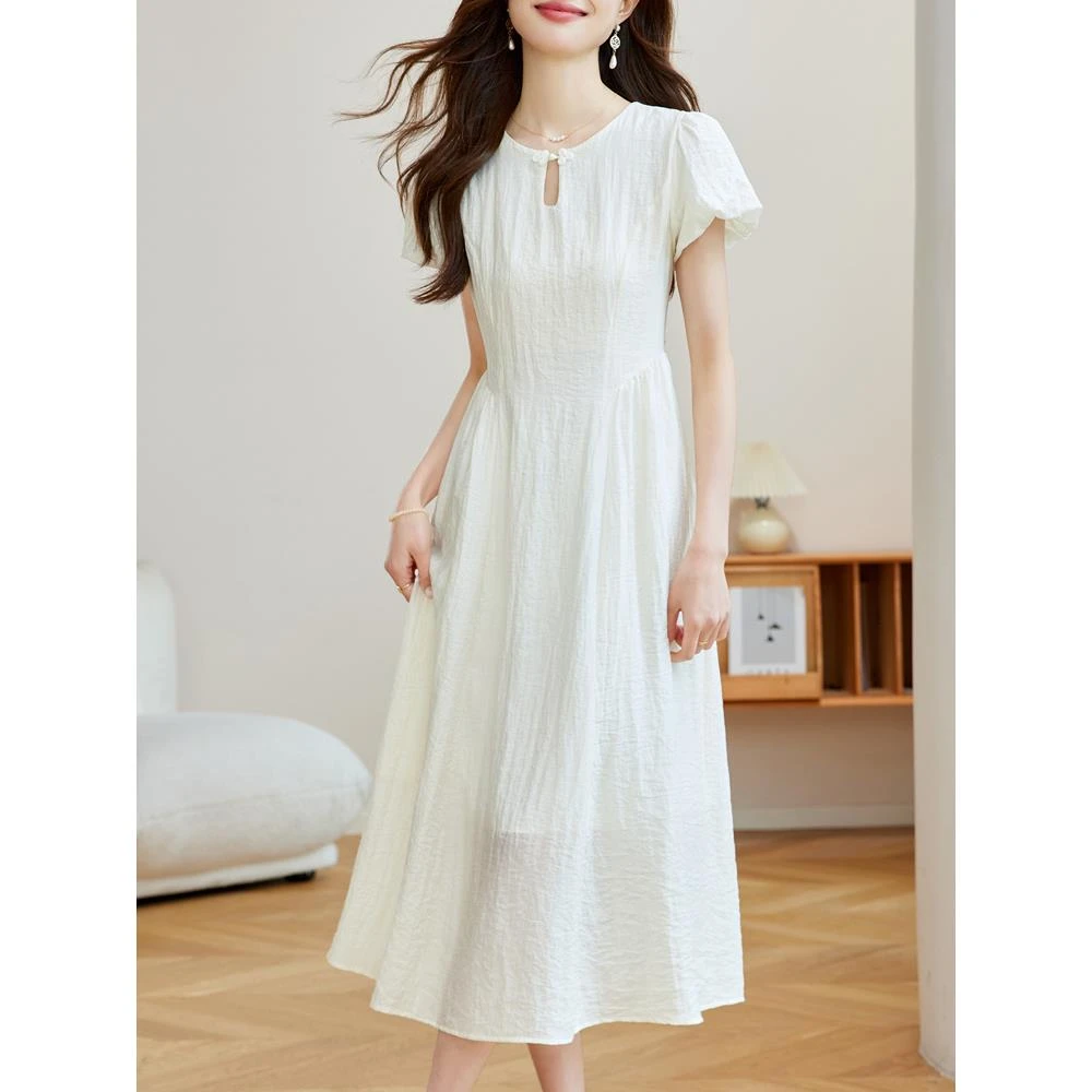 DUCURNO优雅气质连衣裙女夏季2025新款盘扣镂空圆领收腰显瘦a字裙