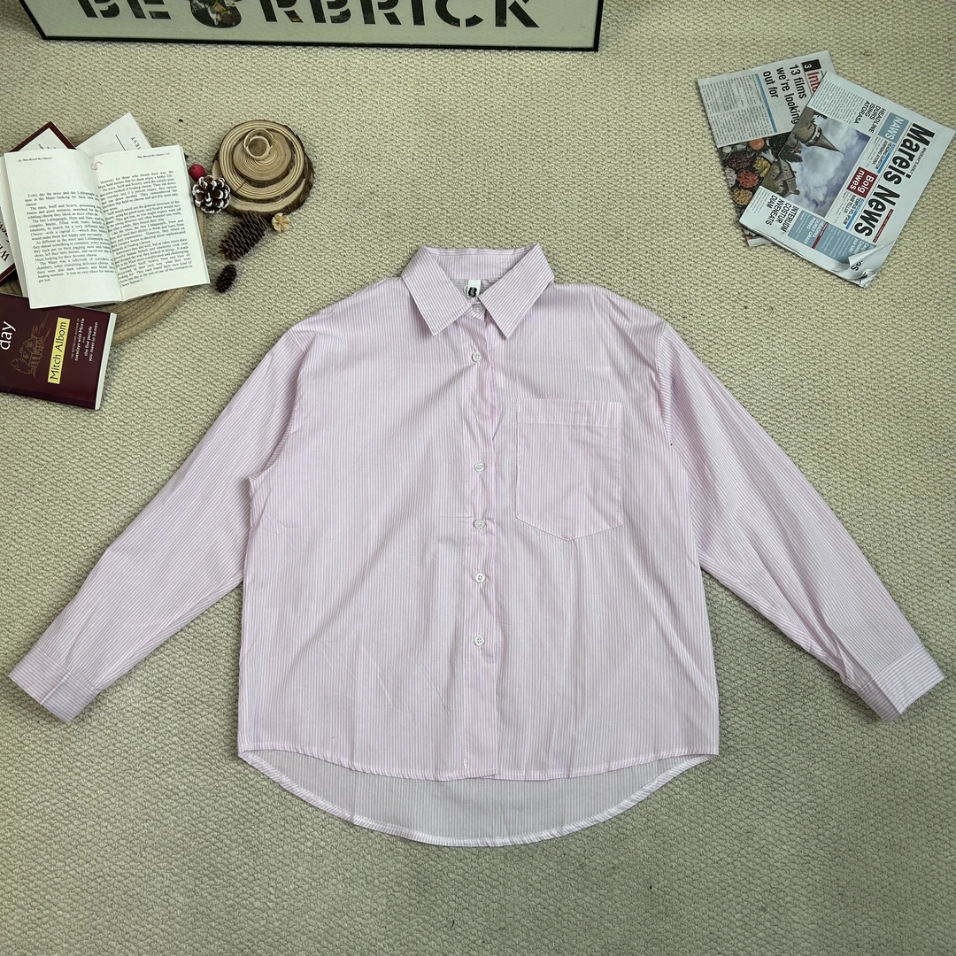 2025春季新款休闲宽松百搭竖条纹长袖衬衫外套9501