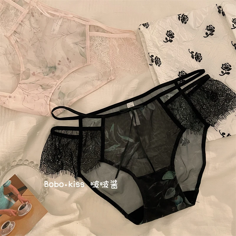 水墨画性感纯欲少女镂空内裤女夏季薄款新款低腰蕾丝网纱透明女