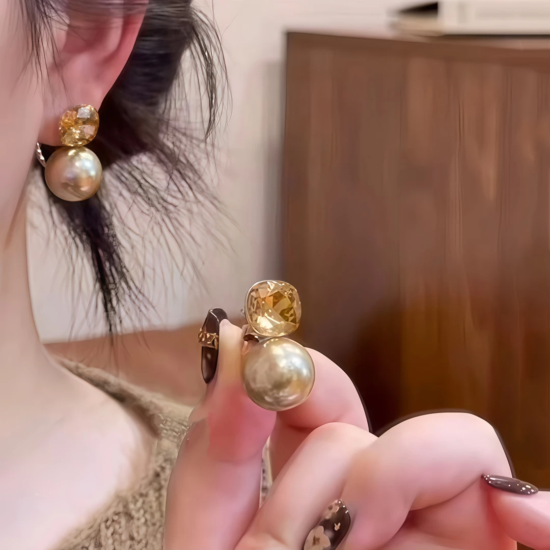 铜合金耳饰 香槟色方糖后挂珍珠耳环高级感轻奢气质百搭秋冬耳饰
