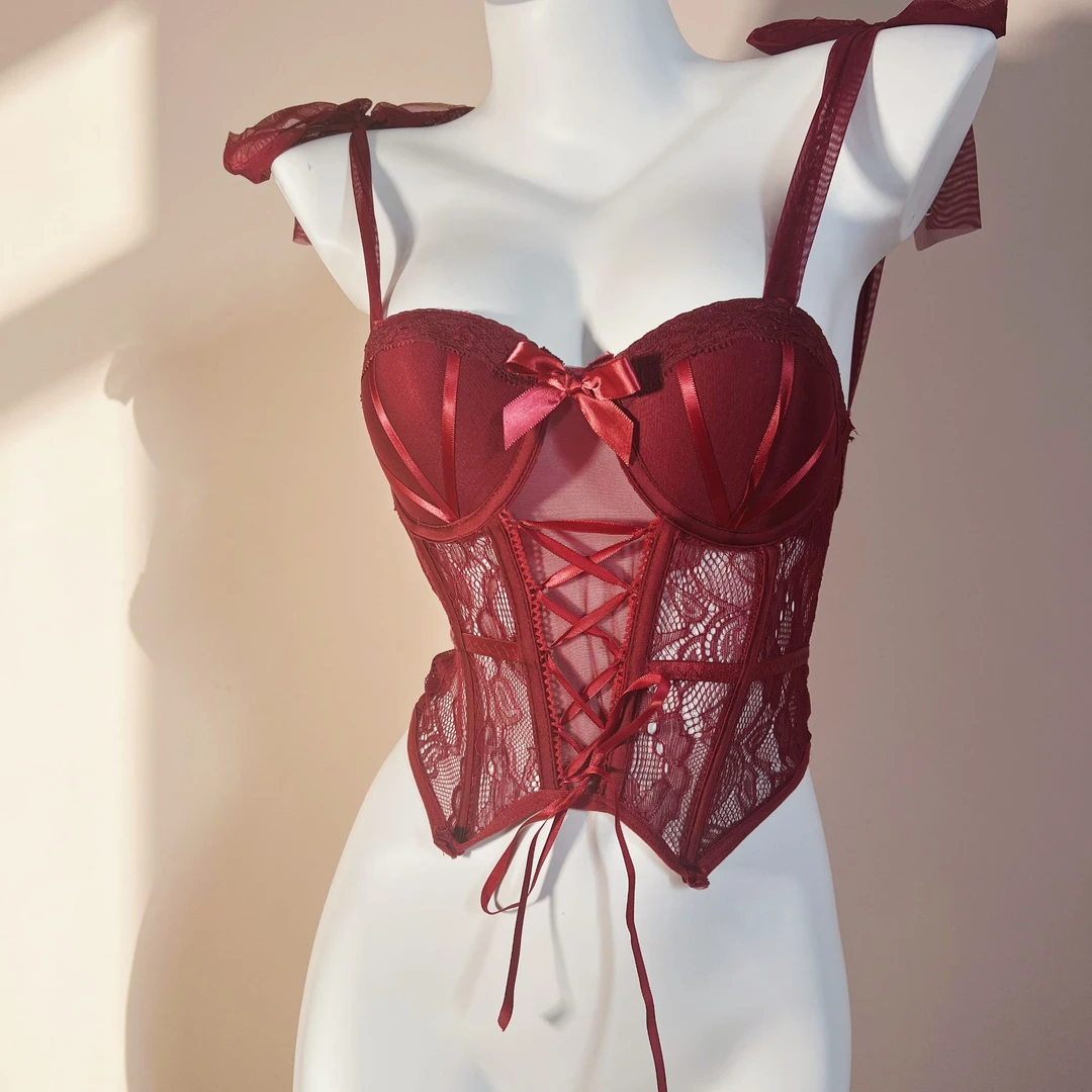 性感束身衣蕾丝吊袜带套装钢圈小胸显大文胸女