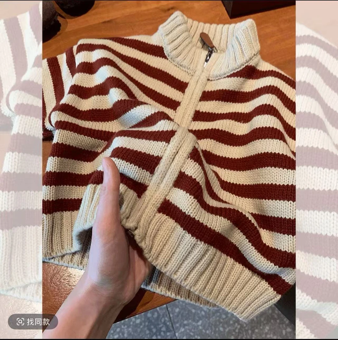 女童套装秋冬条纹洋气拉链衫针织毛衣女宝宝秋装韩版