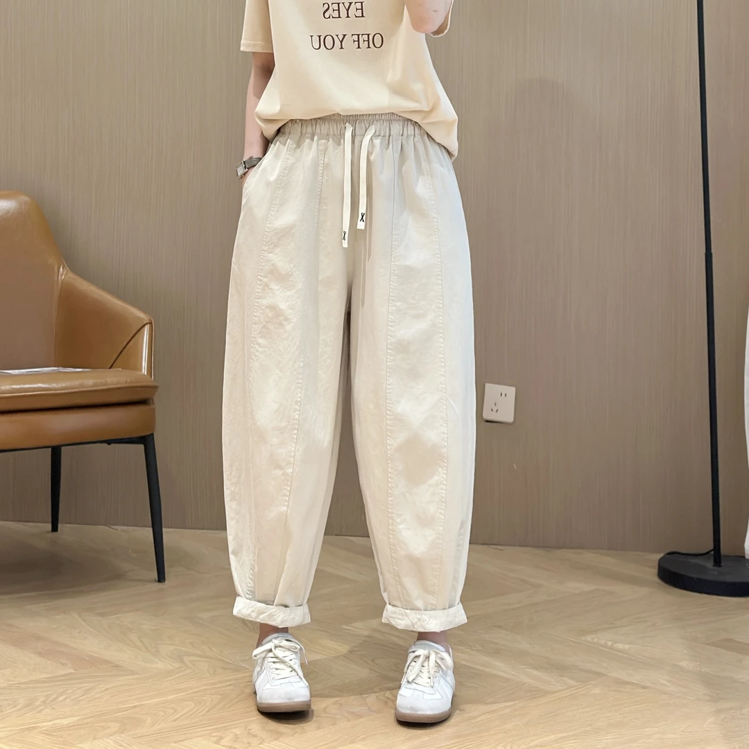 2025春夏新款纯棉休闲胯裤宽松裤卷边中胯长裤设计师款
