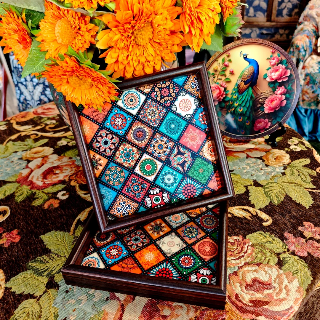 【两个装】复古托盘波西米亚橙系茶盘桌面钥匙摆件收纳盒置物盘