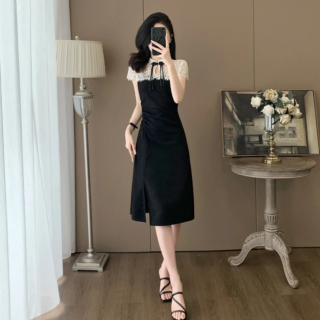 高级感中长裙新中式日常优雅减龄显瘦收腰小众设计感复古连衣裙女