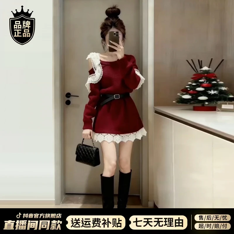 圣诞新年战袍红色针织连衣裙子女秋冬2025新款小个子收腰a字短裙