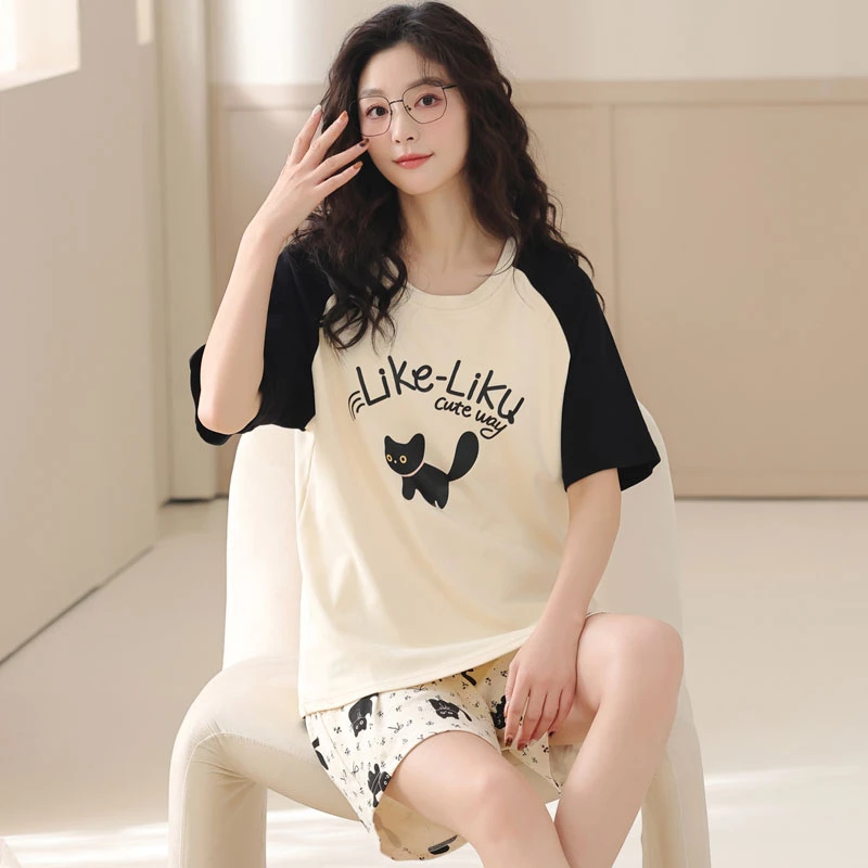 卡之恋夏季卡通猫咪睡衣女短袖短裤纯棉家居服可外穿
