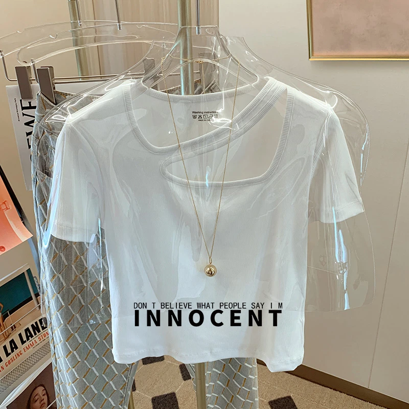 欧货白色短款镂空短袖t恤女夏季辣妹不规则修身显瘦韩版小众上衣