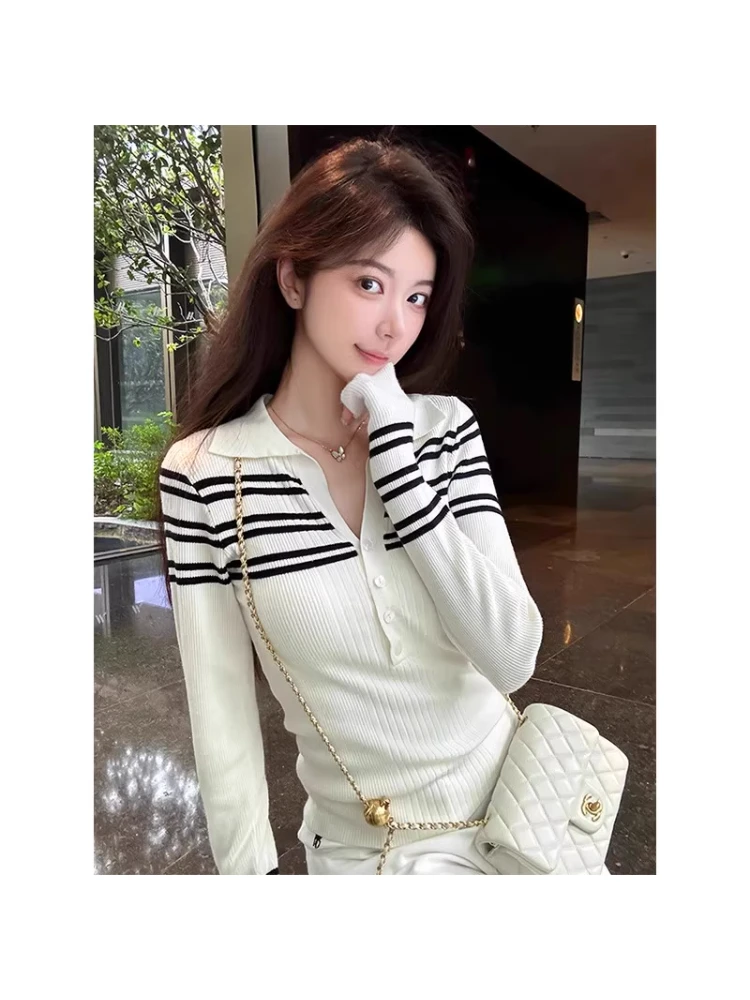 【现货】polo领条纹针织打底衫设计感上衣女2025秋季洋气内搭可外穿