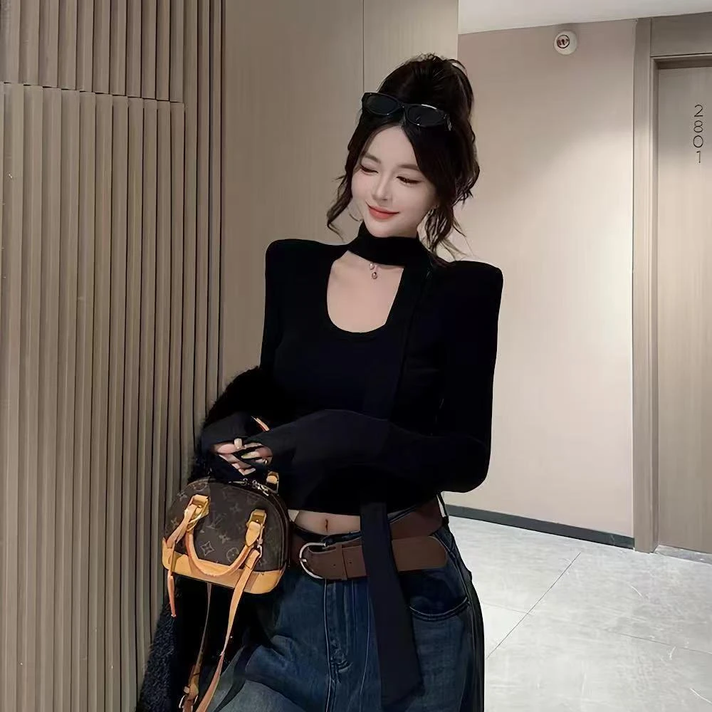 2025秋冬新款设计感显瘦磨毛加绒打底衫纯欲风辣妹飘带长袖T恤女