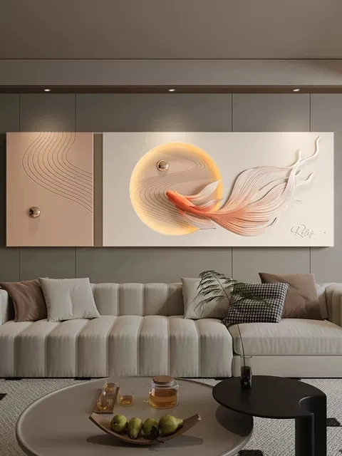 新中式轻奢立体装饰画客厅沙发两联横版浮雕画挂画灯光现代高级感