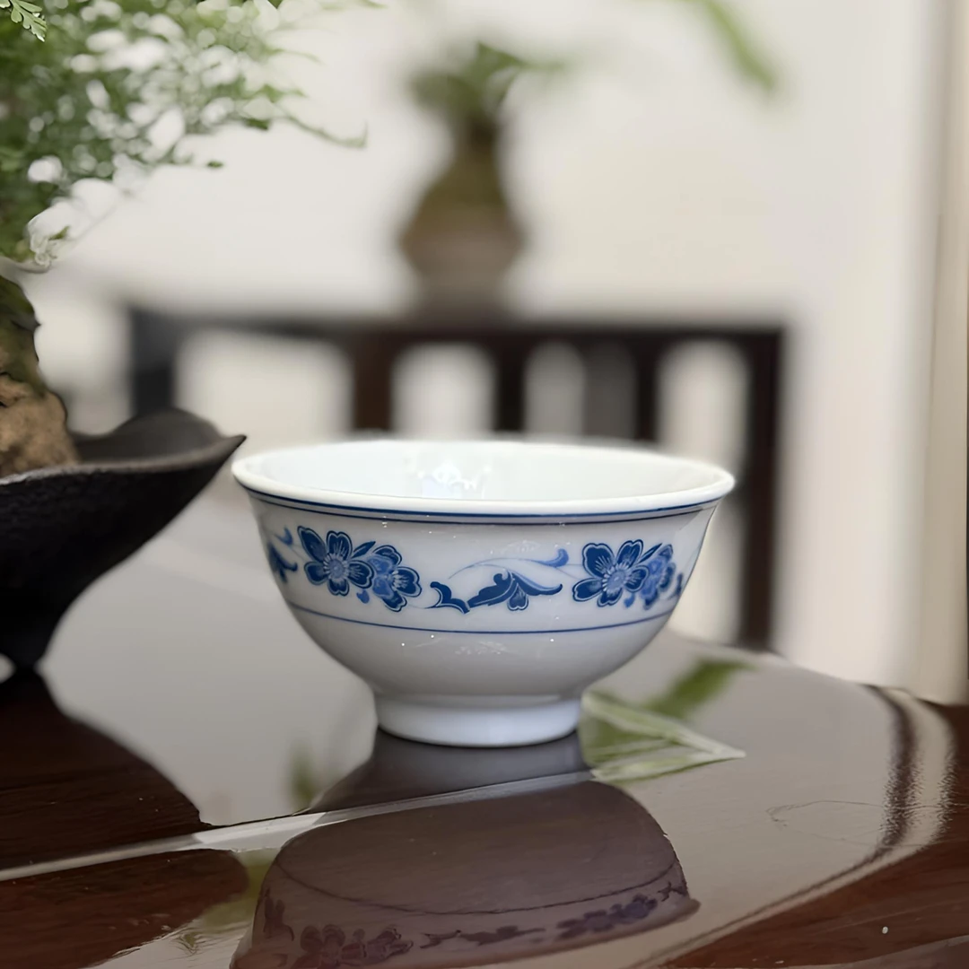 老库存 瓷器 小茶碗 主人杯 釉下青花蓝海棠 厚实通透 中式茶具