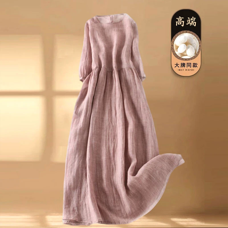 文艺圆领七分袖中长款气质宽松高端洋气仙气飘逸大摆裙