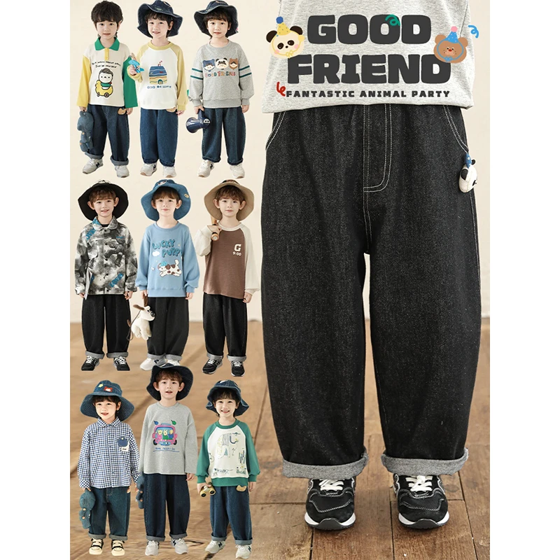 幼悠男童春装新款卡通玩偶宽松直筒牛仔裤时尚百搭儿童长裤GN5767