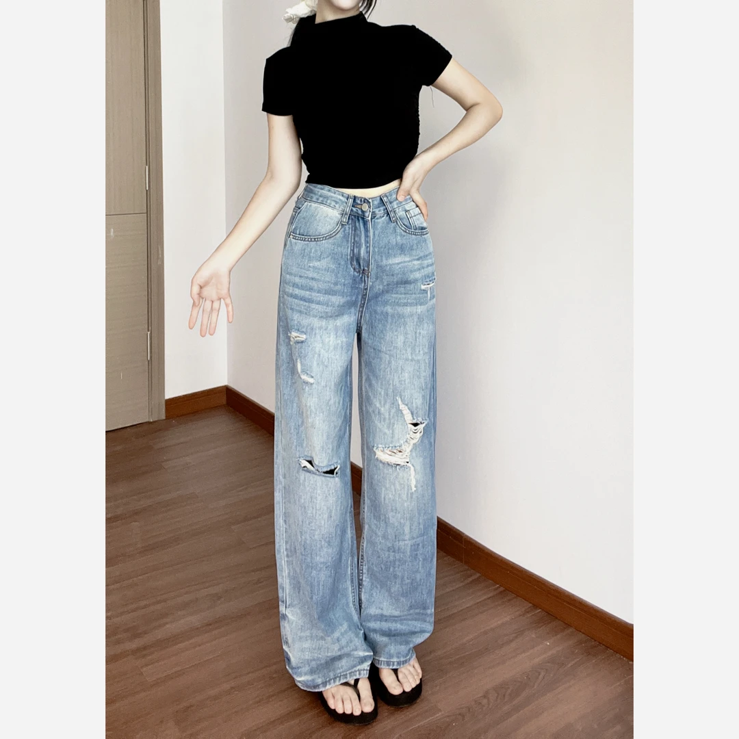 复古破洞阔腿牛仔裤女2025夏季新款直筒宽松高腰显瘦设计感拖地裤