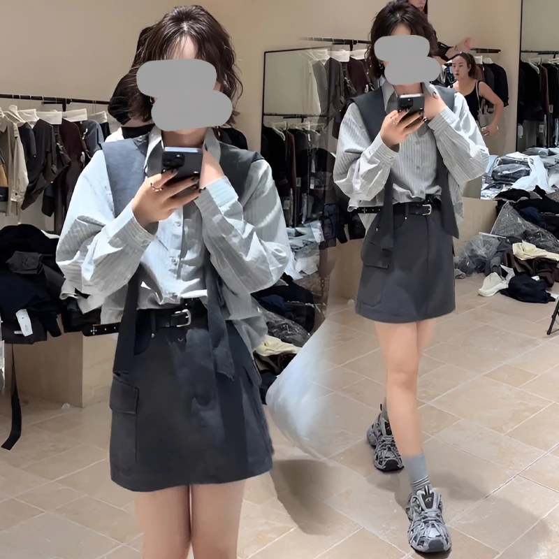 清冷感条纹长袖衬衫气质百搭短裙女春秋设计感休闲通勤洋气套装潮