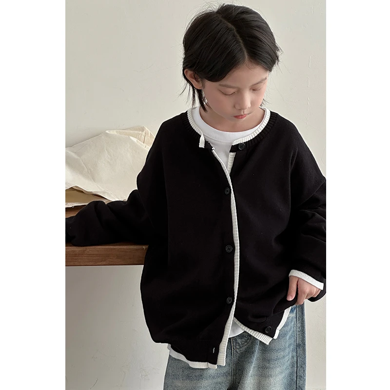 【现货】儿童毛衣外套2025春秋装新款男女童开衫针织纯棉纯色中大童