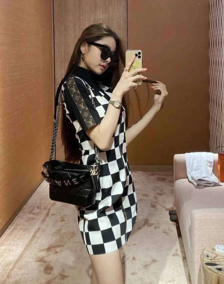 99新 LouisVuitton/路易威登 gg零一零 锦纶 格子图案连衣裙34码