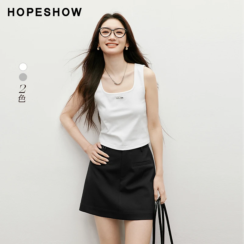 红袖2025夏季女装 纯色弹力金属标方领套头针织背心90125100206