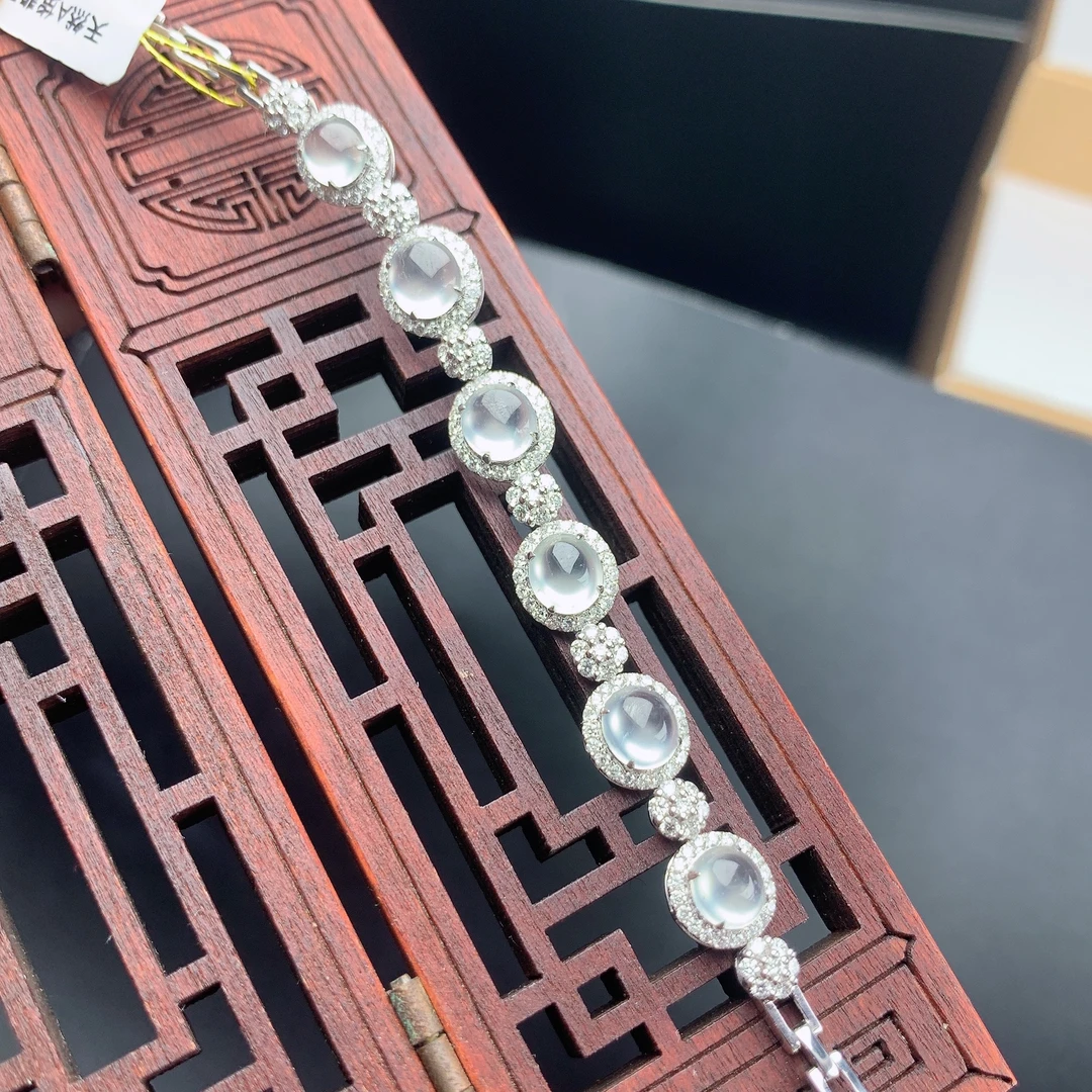 缅甸A货翡翠高冰玻璃白18k金镶嵌蛋面手链qqT卡6-5.4mm