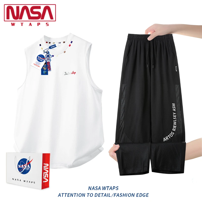 NASA WTAPS冰丝透气V领背心运动套装男士夏季暑期热门穿搭无袖T恤