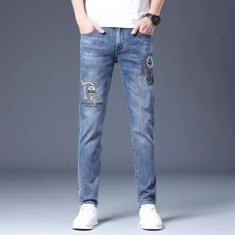 高端刺绣牛仔裤男士2025春季新款修身小脚裤水洗高级感流行长裤男