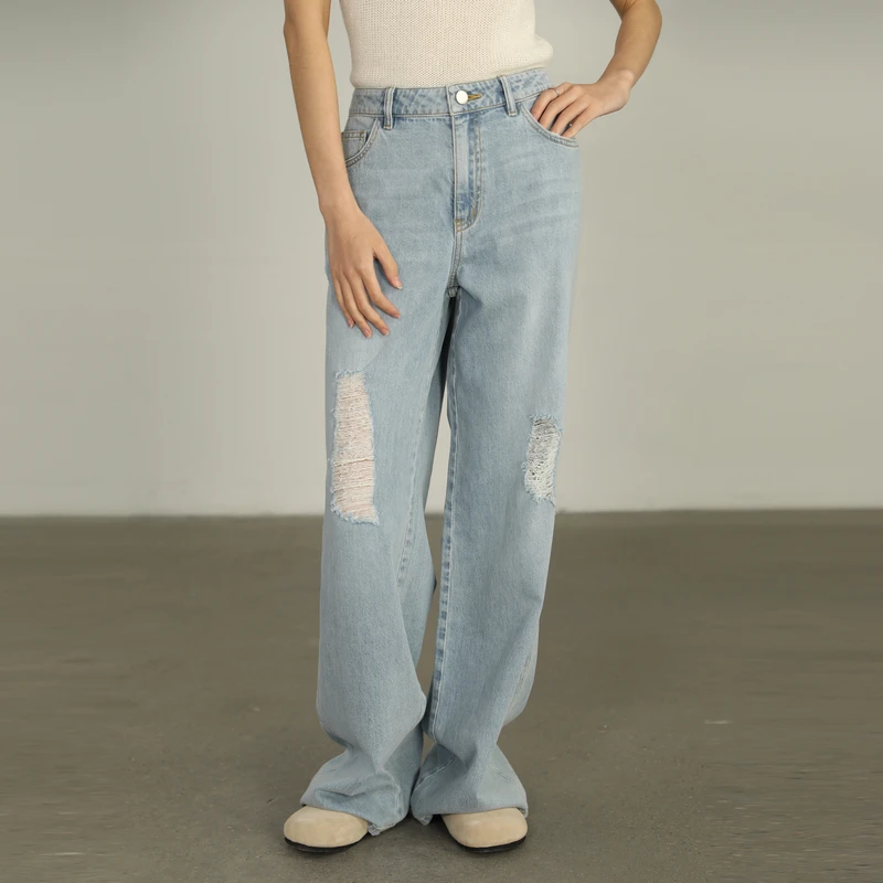 【夏季新款】AIRIQI高腰休闲时尚百搭直筒破洞牛仔长裤AI42NC160