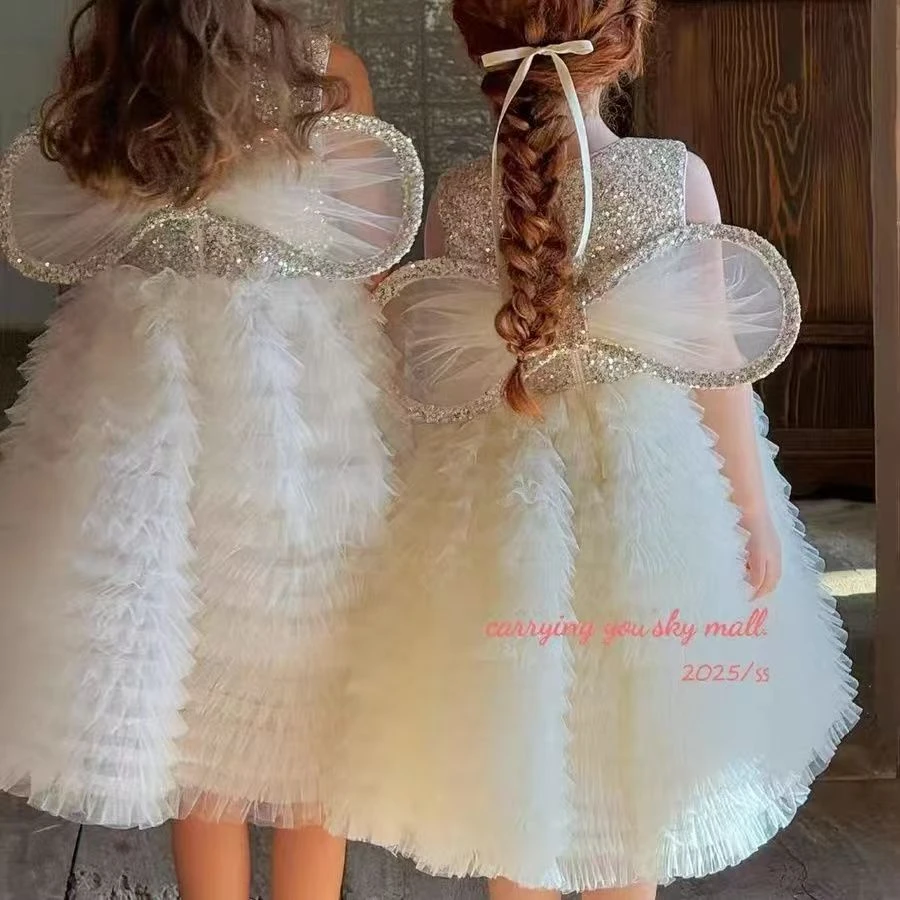 儿童白色公主裙春夏女童翅膀蓬蓬裙高级生日礼服小女孩亮片连衣裙