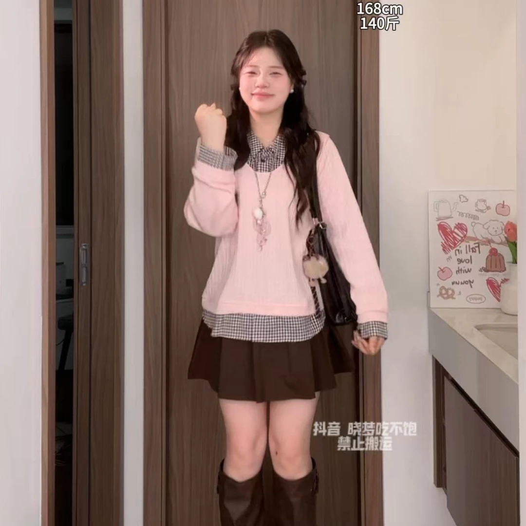 韩系文艺少女学院风叠穿衬衫假两件上衣短裙阔腿裤秋冬一整套穿搭