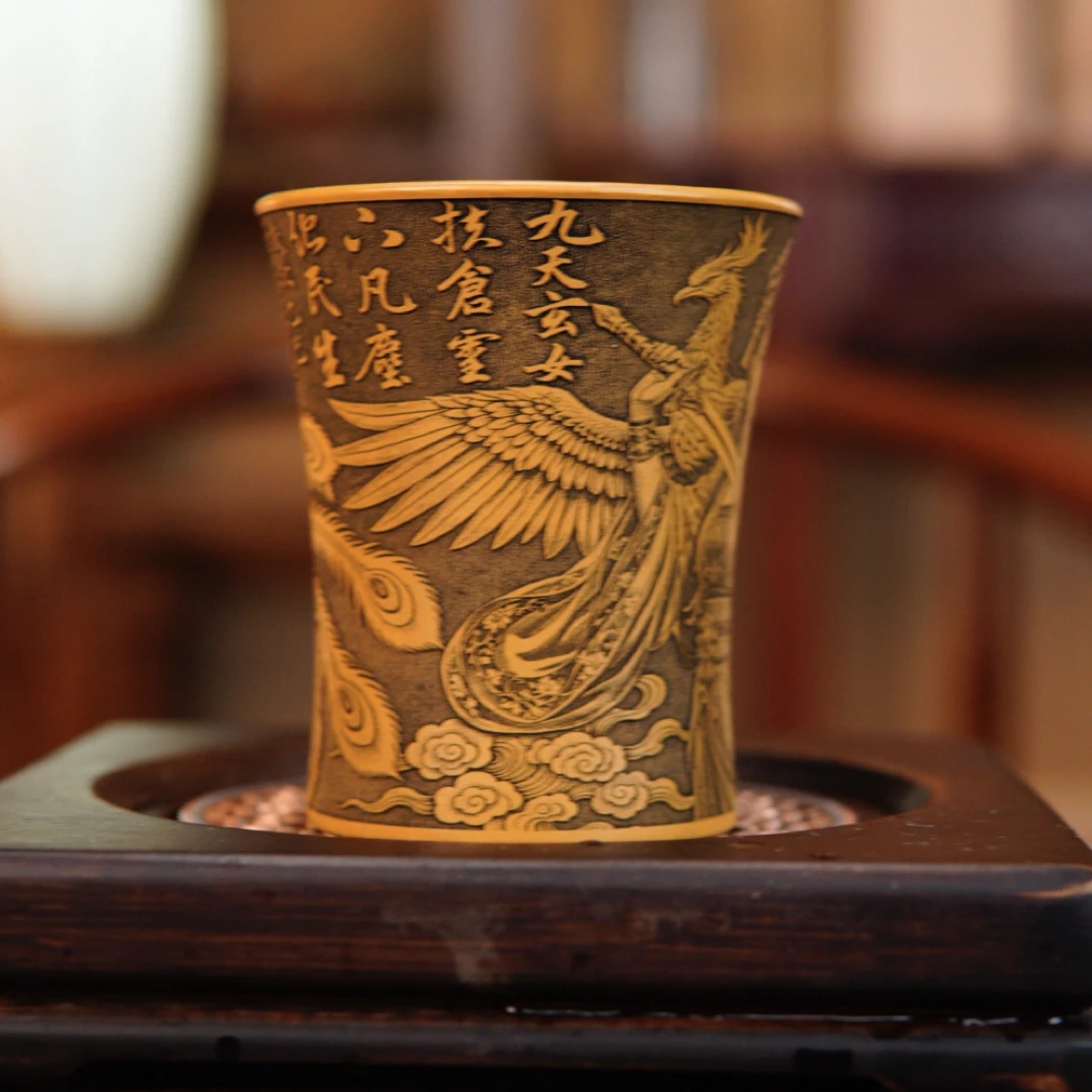 宜兴原矿紫砂茶具 全手工制作 黄金朱泥九天玄女刻绘紫砂品茗杯
