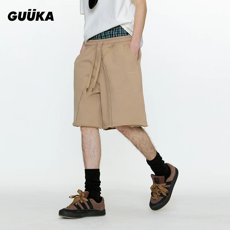 Guuka/古由卡潮牌卡其色短裤夏季重磅纯棉中裤复古毛边裤脚D6553