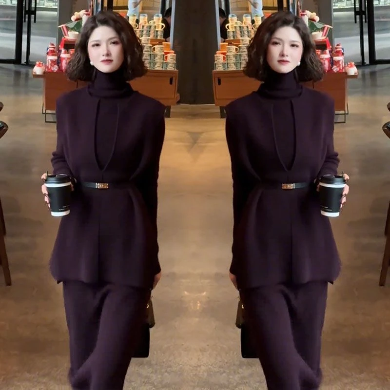 高级感秋冬新款套装裙通勤OL名媛精致毛呢马甲打底衫半身裙三件套