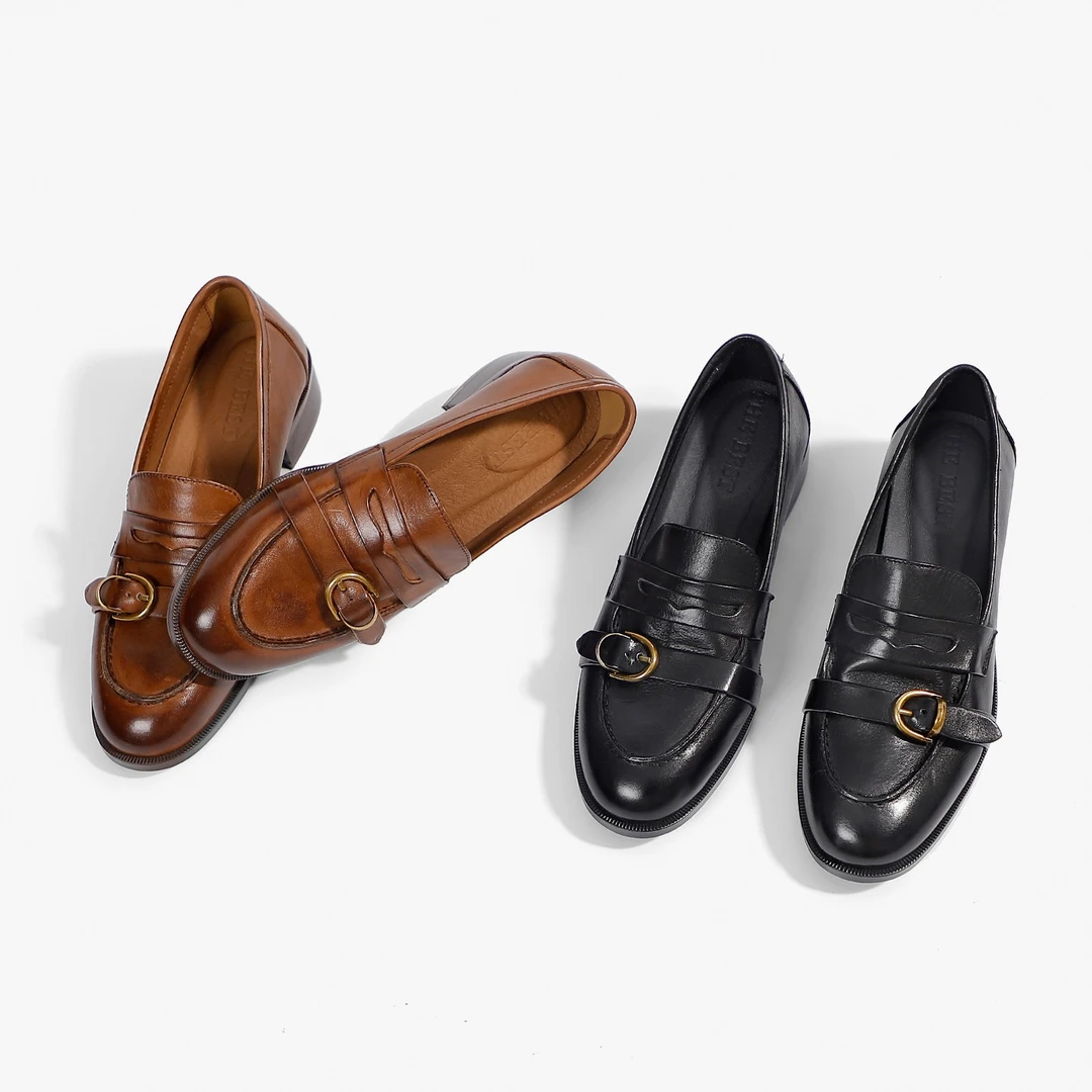 圆头法式乐福鞋皮带扣英伦秋季粗跟一脚蹬低跟复古休闲真皮时尚女