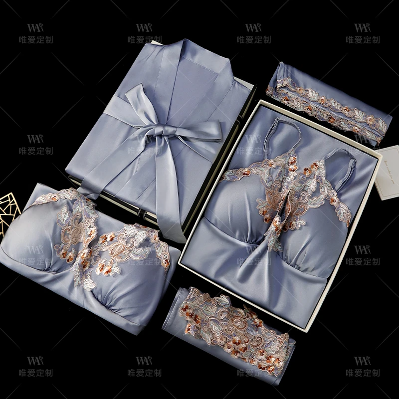 真丝睡衣女士【礼盒装】五件套100%桑蚕丝睡袍春夏季吊带胸垫睡裙