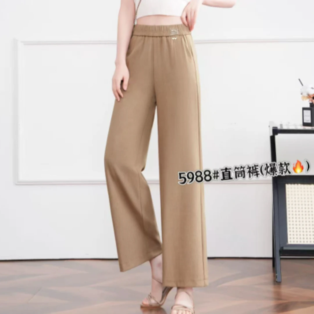 5988#【裤长92】夏季女士高腰显瘦垂感休闲窄版直筒亚麻阔腿裤