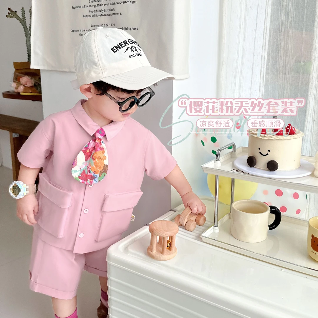 阿小轩【樱花粉小套】童装2025夏装新款韩范帅气短裤短袖衬衫套装