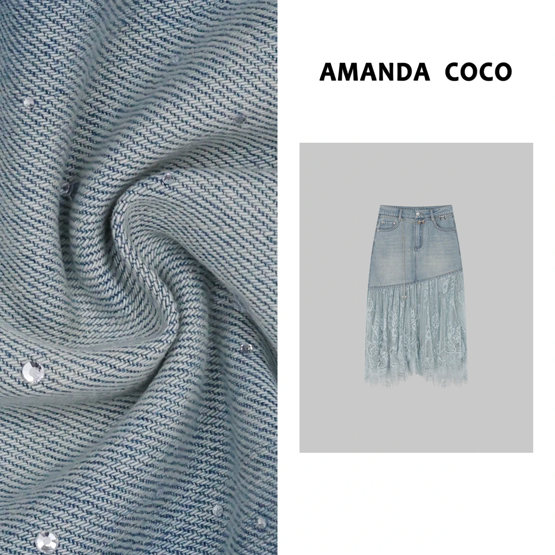AMANDACOCO 奈奈 | 慢调画廊～烫钻重工蕾丝绣花拼接气质牛仔半裙