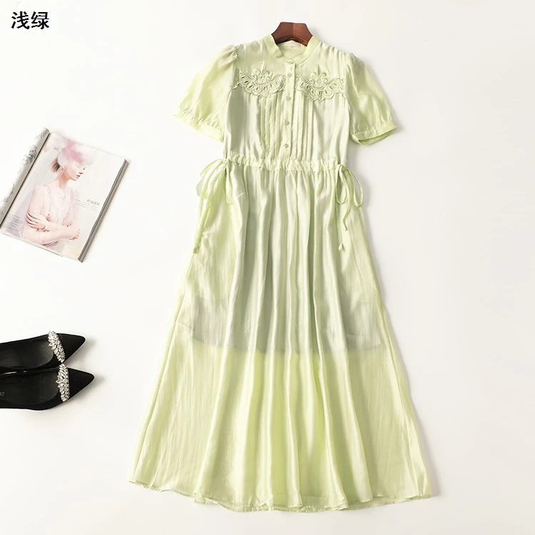 410832夏加长款短袖立领连衣裙