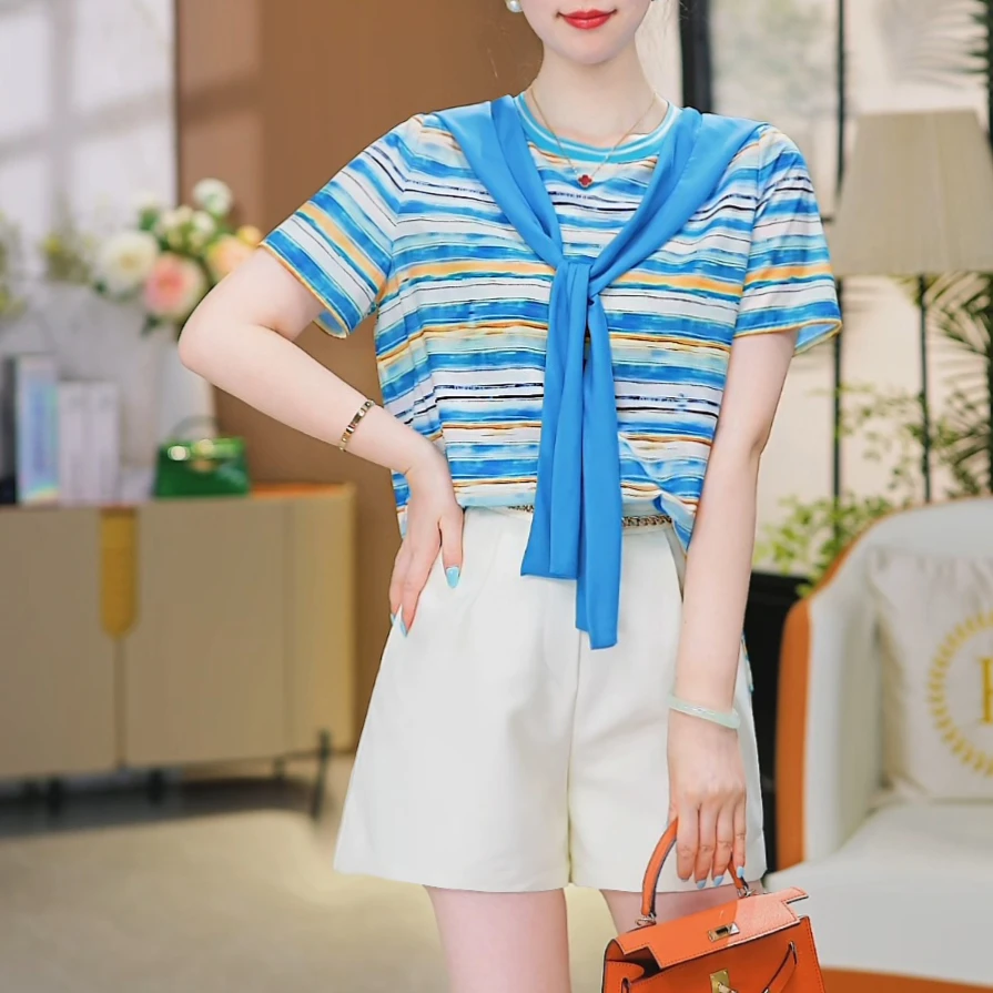 现货【海边假日】夏季新款条纹百搭减龄短袖t恤披肩款上衣 送披肩