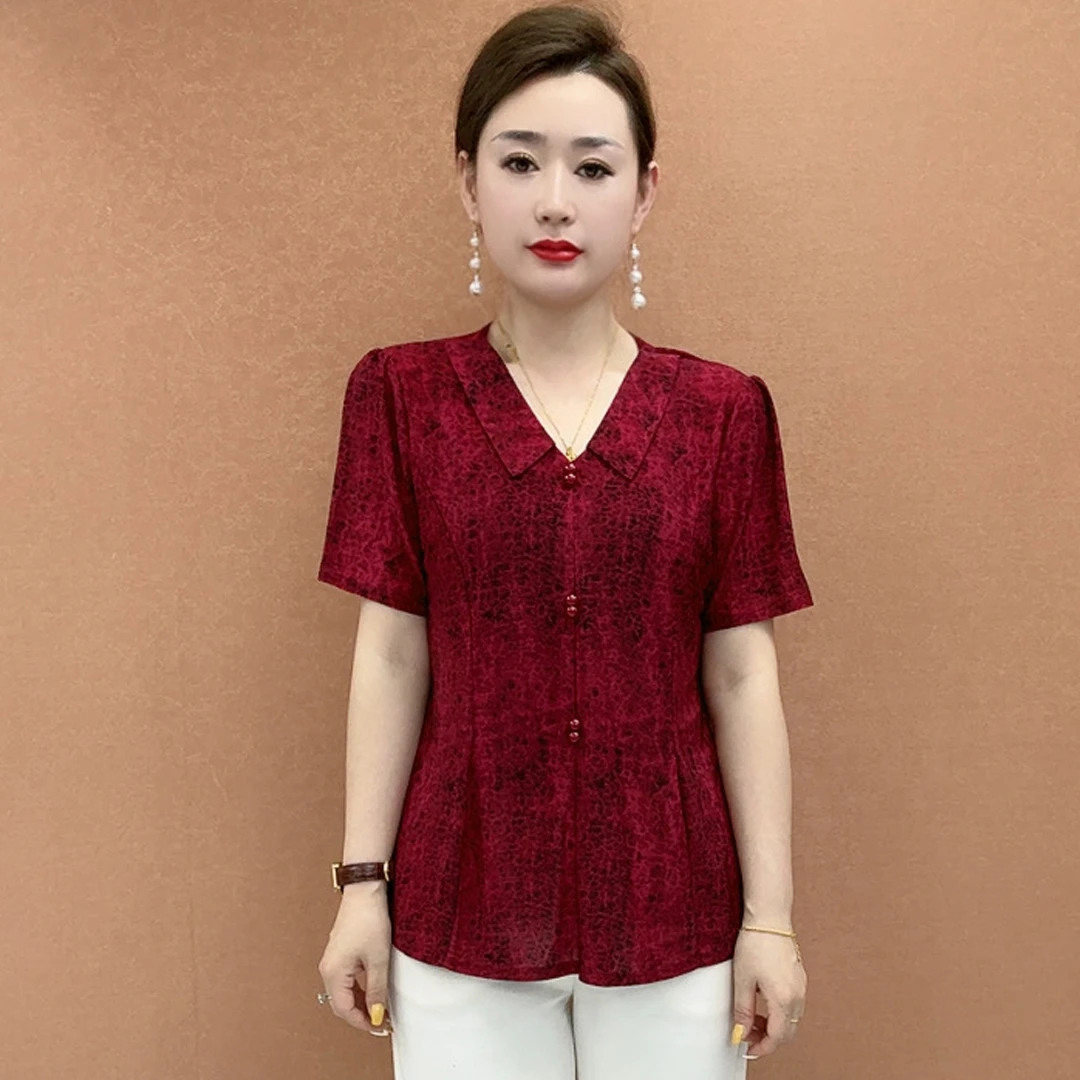 新中式红色夏装中老年洋气妈妈装气质显瘦上衣女时尚娃娃领短袖潮